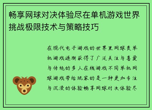 畅享网球对决体验尽在单机游戏世界挑战极限技术与策略技巧